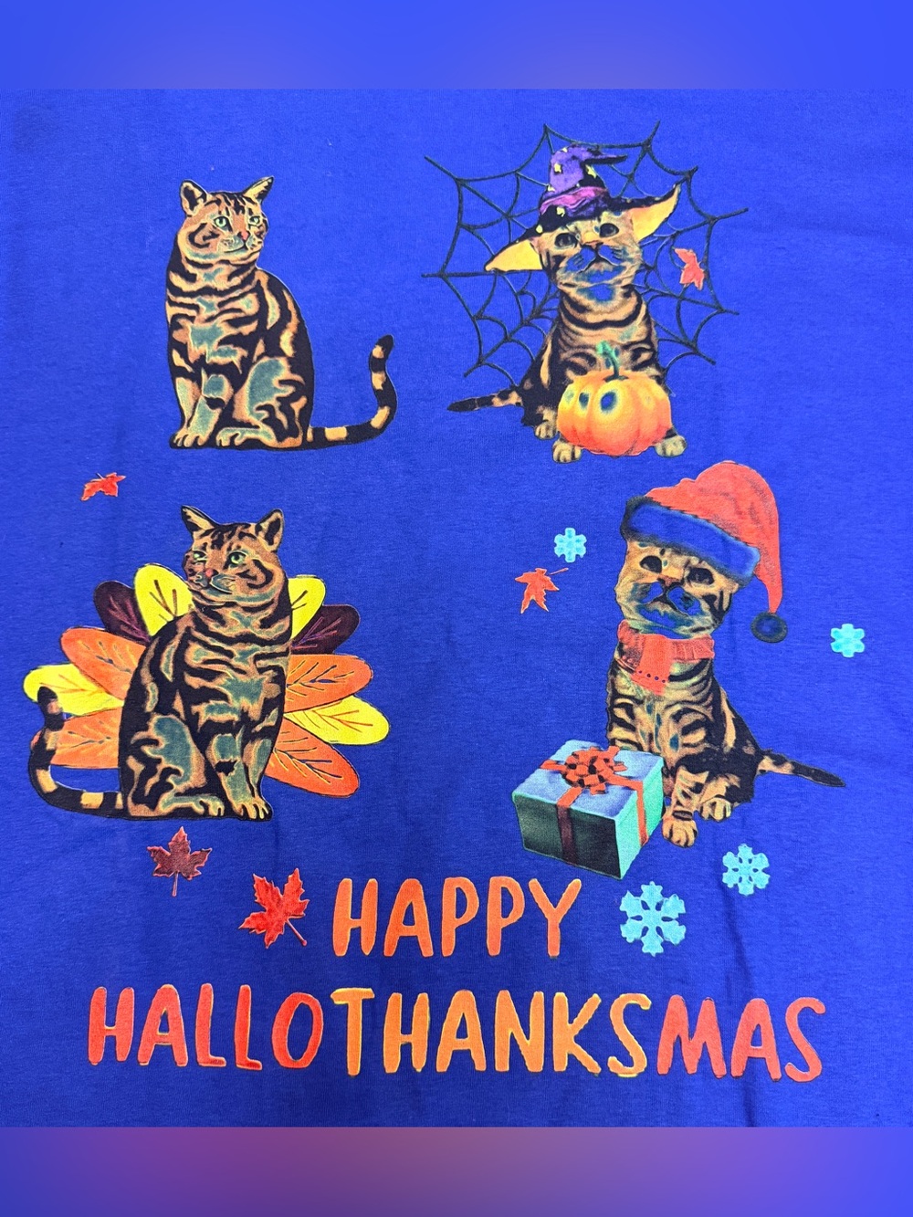 Happy Hallothanksmas Cats Lover Halloween Merry Christmas Thanks T-Shirt 4XL Blu